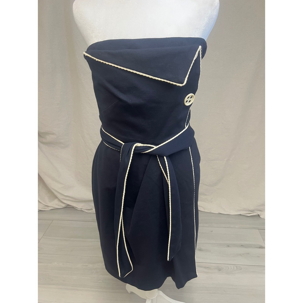 Eva Franco Strapless Dress Navy Blue Cream Trim Sz 8 Nautical Preppy Cocktail - Picture 6 of 8